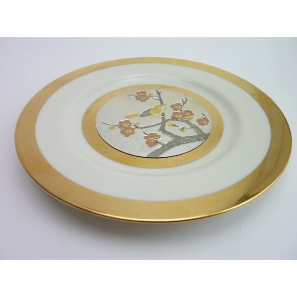 Vintage 24 Kt Gold Edged Silver Porcelain Decorative Plate Little Bird Blossoms - Picture 3 of 6
